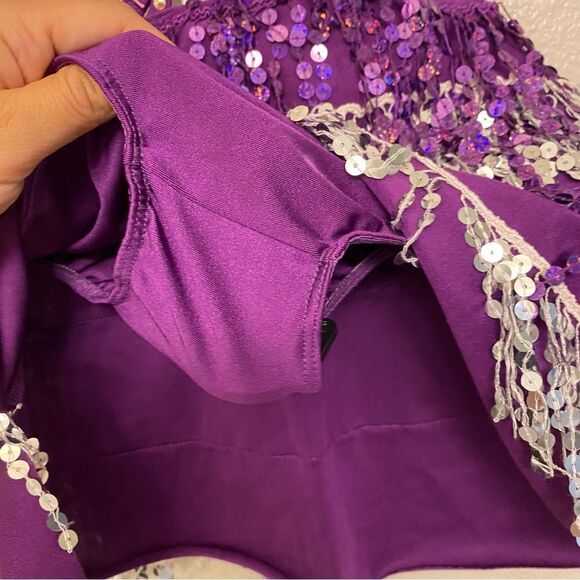 Glamour dance costume purple sequin gems rhinestone fringe embellished child M/L - Picture 7 of 14